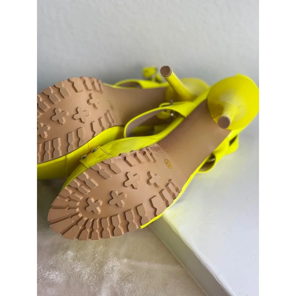 Neon Yellow Patent Platform Sandals Triple Strap Stiletto Lug Sole Heels Size 41